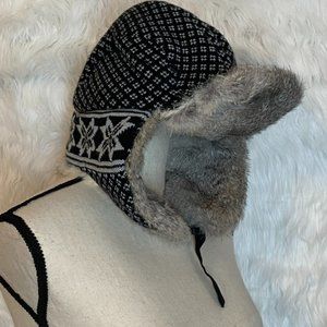 Mad Bomber Rabbit Fur Winter Trapper Hat Fair Isle Print Size Medium